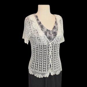 Vintage Artisan Hand Crochet Cardigan Short Sleeve Button Front
